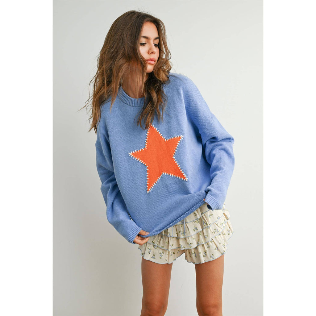 Drop Shoulder Star Pattern Sweater - BMW7756