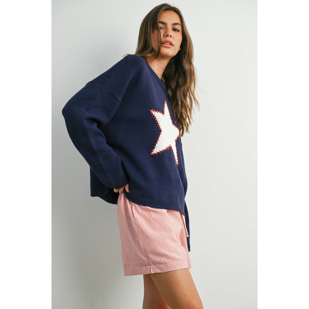 Drop Shoulder Star Pattern Sweater - BMW7756