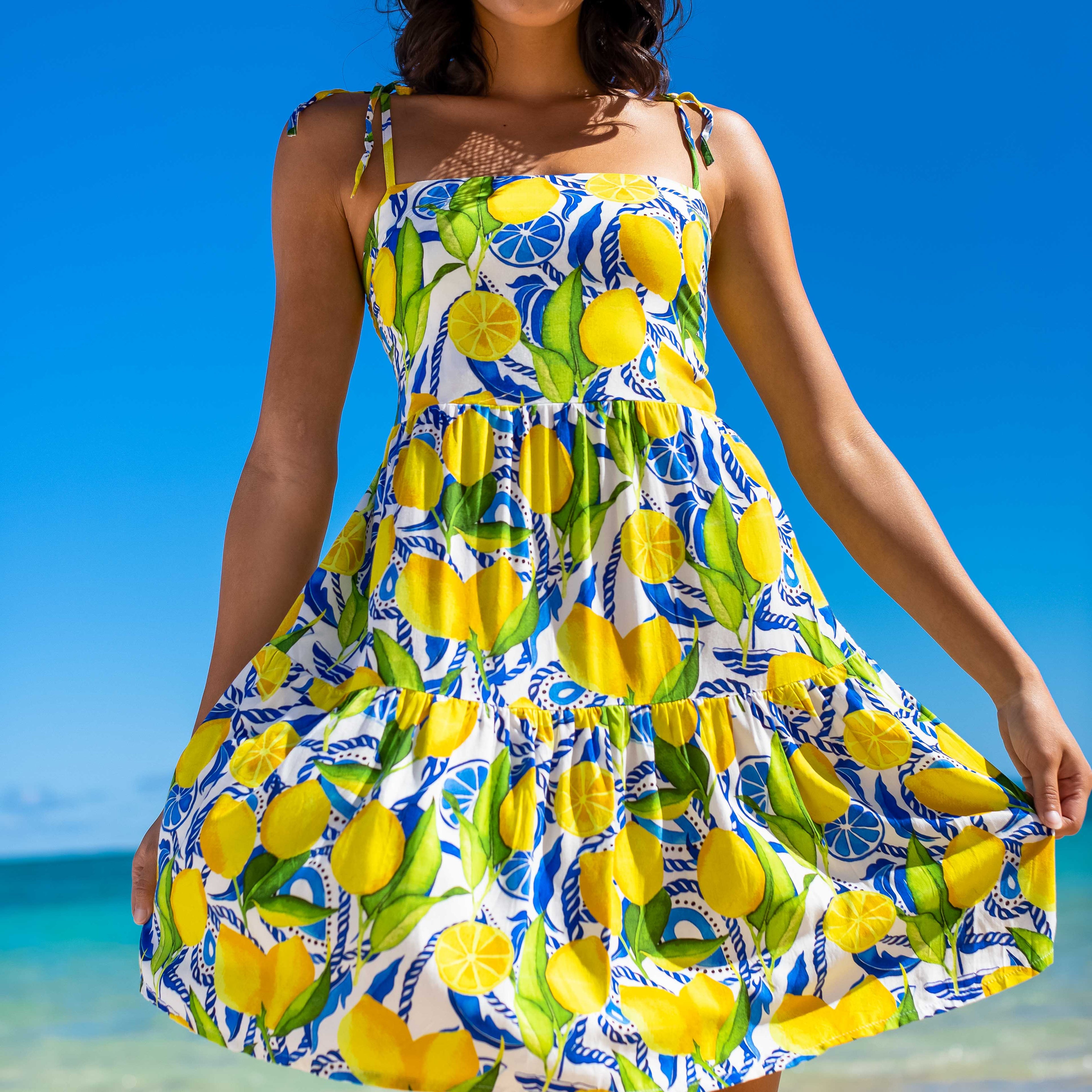 Womens Lemon Print Short Dress: White