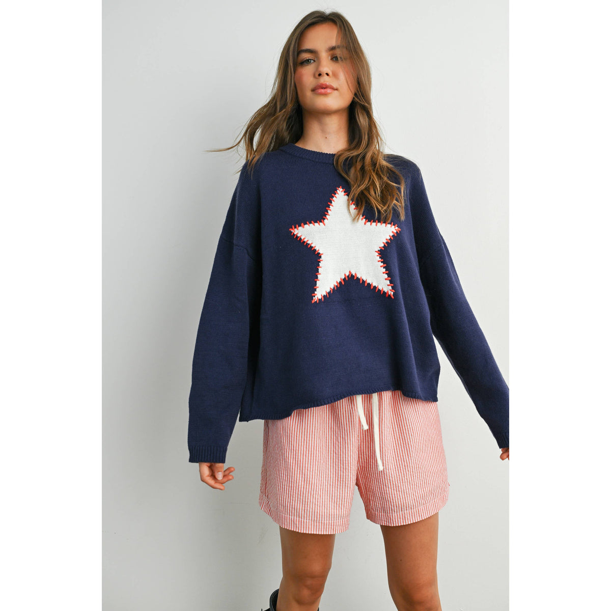 Drop Shoulder Star Pattern Sweater - BMW7756