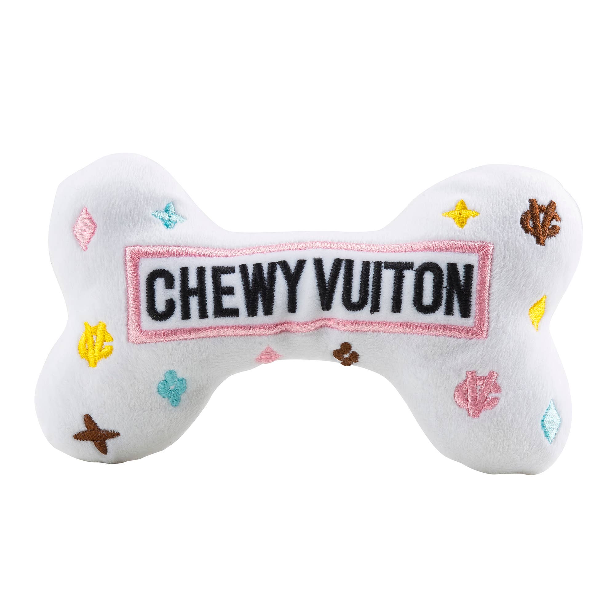 White Chewy Vuiton Bones | Plush Squeaker Dog Toy