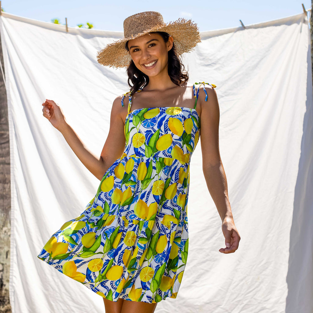 Womens Lemon Print Short Dress: White