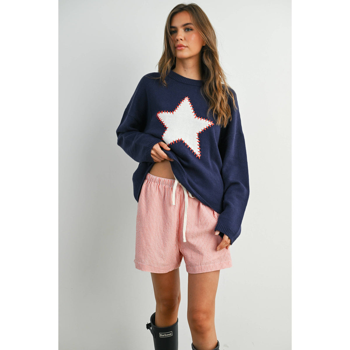 Drop Shoulder Star Pattern Sweater - BMW7756