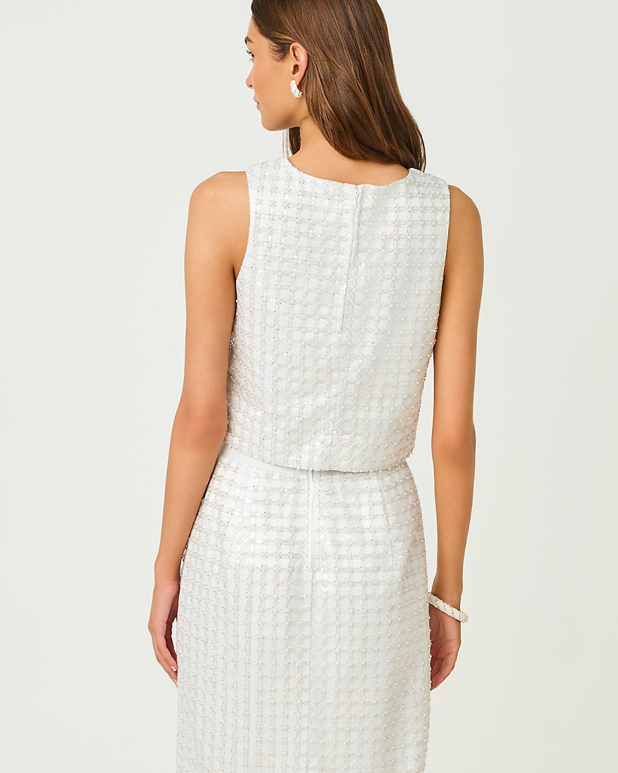 Lathan Sleeveless Cropped Iridescent Metallic Pearl Grid Mesh